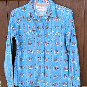 Girl's Panhandle Retro Print Blue Western long sleeve Shirt Snaps XL- pre-owned